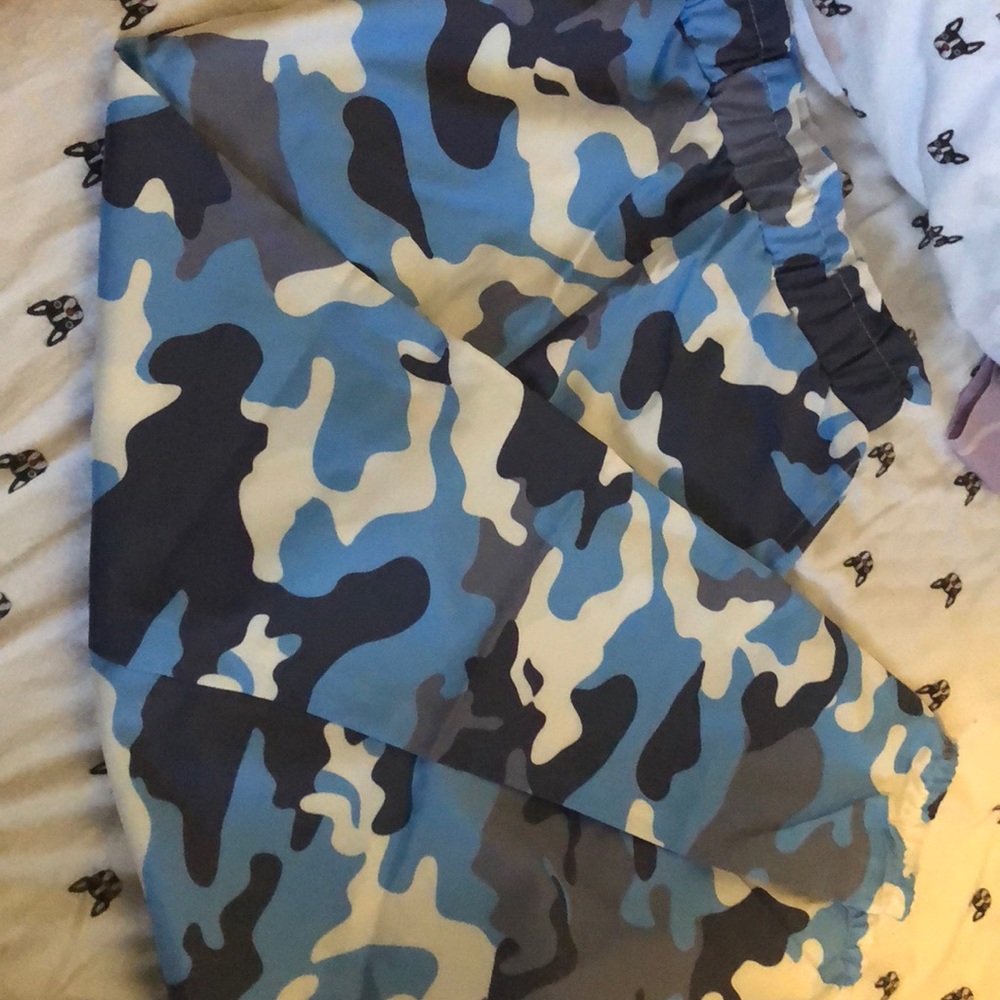 Blue camo joggers.